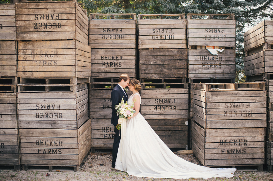 bride and groom together at becker farms