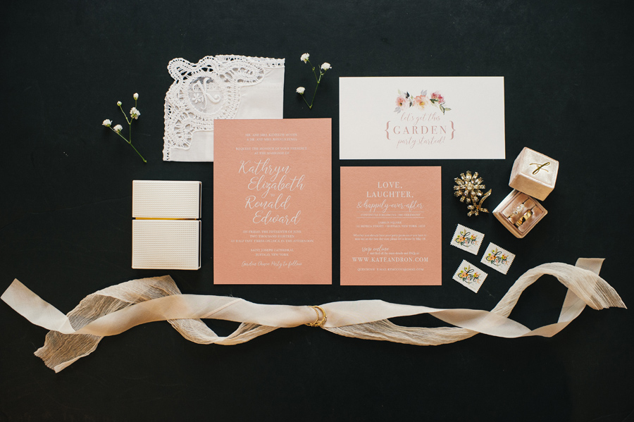 wedding invitation suite in peach and ivory