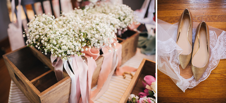 baby's breath flowers and bride's gold shoes