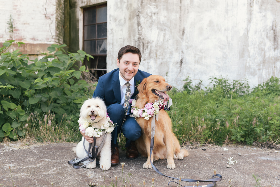 groom posing with his dogs who wear flower collars