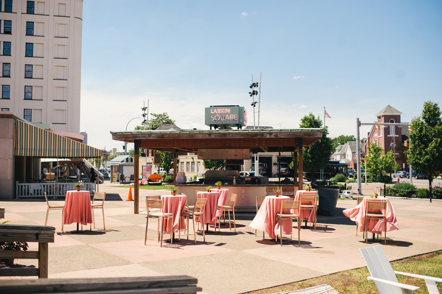 the outdoor bar area at larkin square in buffalo new york