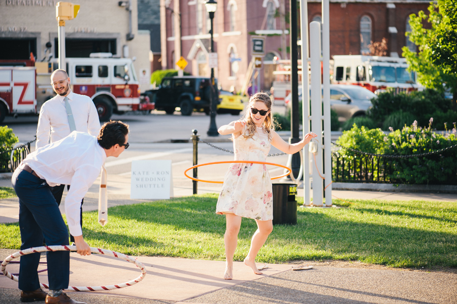 bridesmaid hoola hooping at larkinville reception