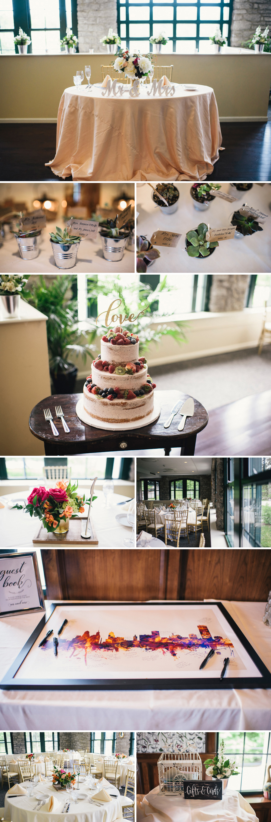 reception decor inside marcy casino with cake and succulent favors 