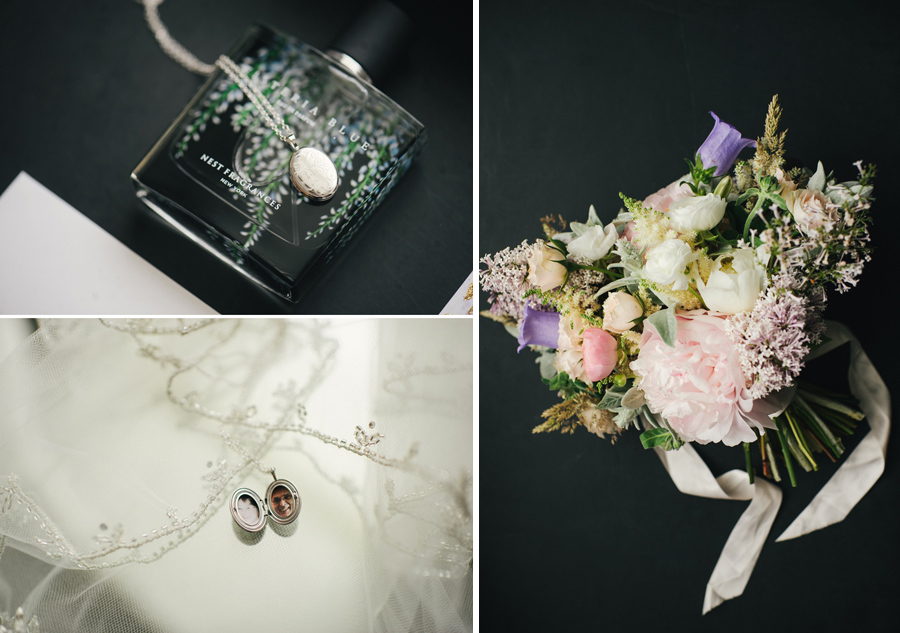 details of the bride's locket necklace and bouquet from wild blossom hollow