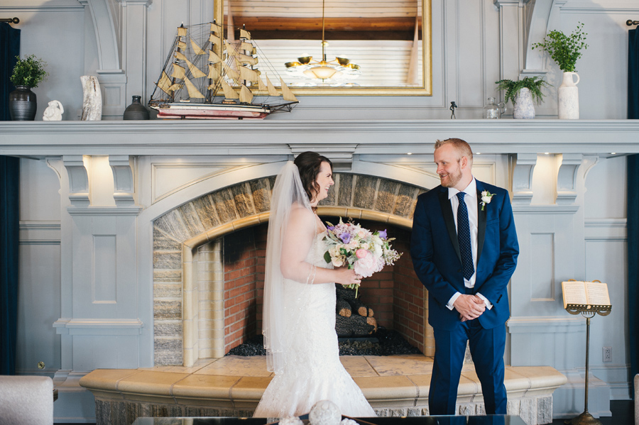 bride and groom's first look at reikart house hotel