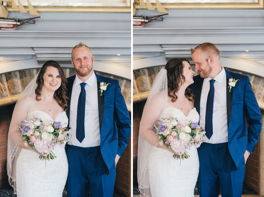 bride and groom posing together after first look