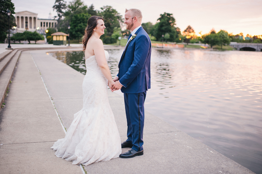 bride and groom next to hoyt lake at sunset