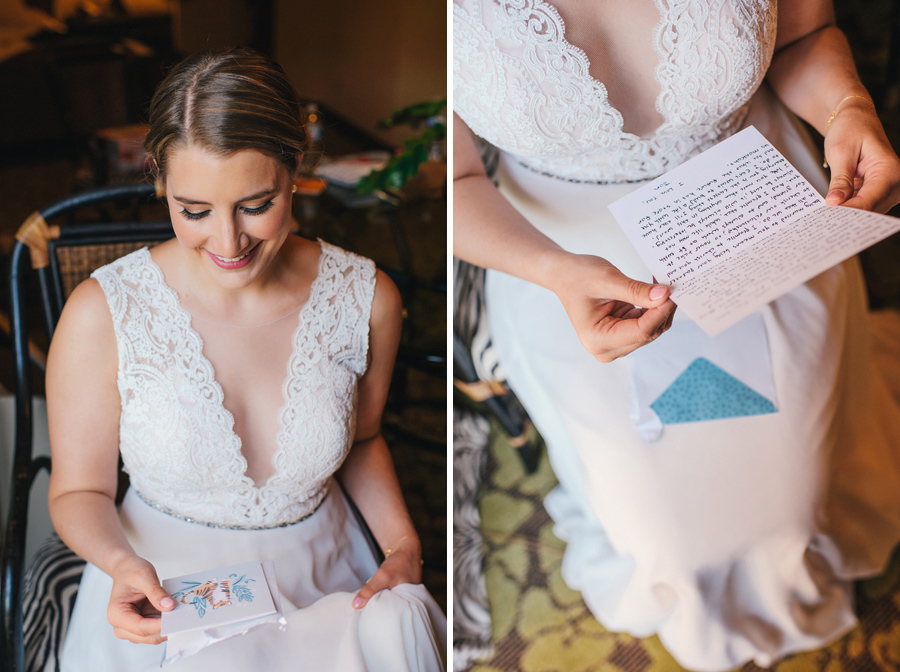 bride opening a card from the groom next to a close up shot of her reading the message inside