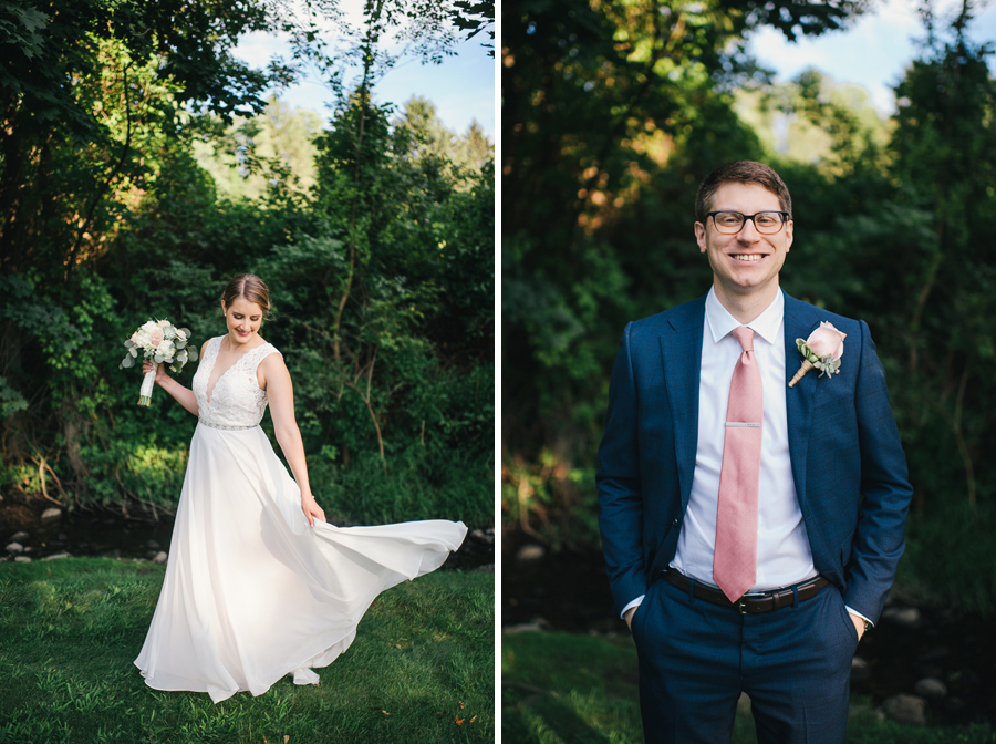 side by side portraits of the bride twirling her dress and the groom smiling at the camera