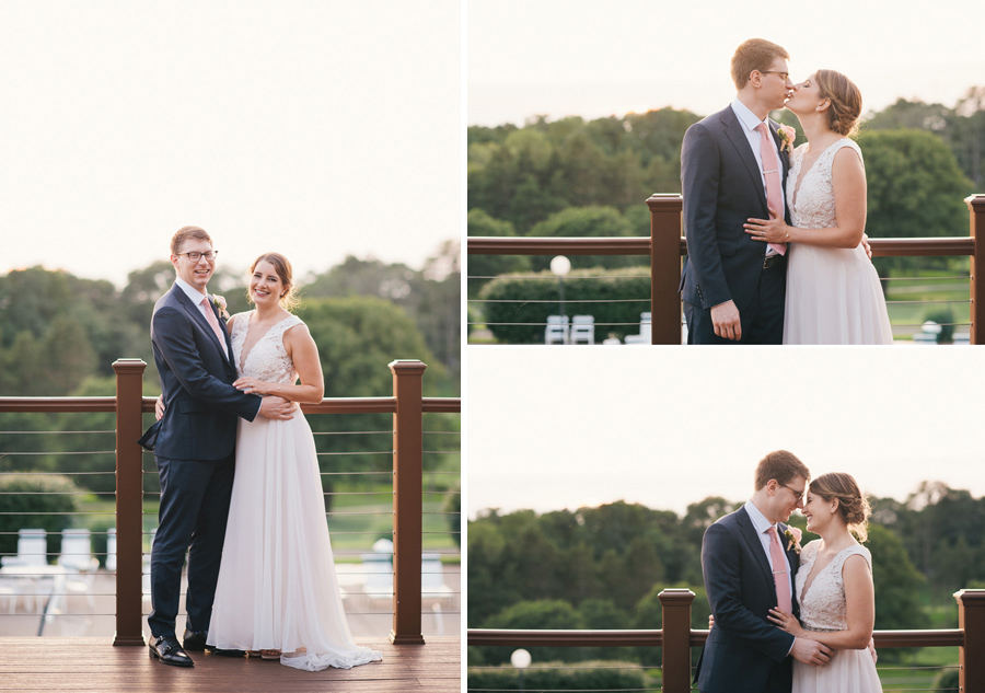 three shots of bride and groom standing together on an outside deck while the sun goes down