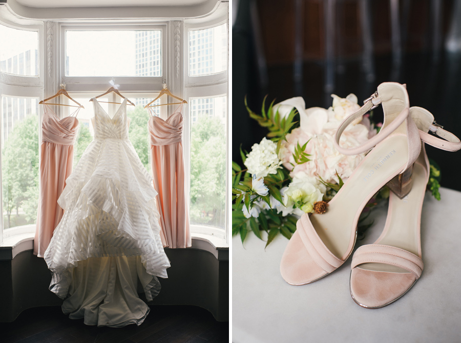 side by side shot of bride and bridesmaid gowns next to bridal shoes and bouquet