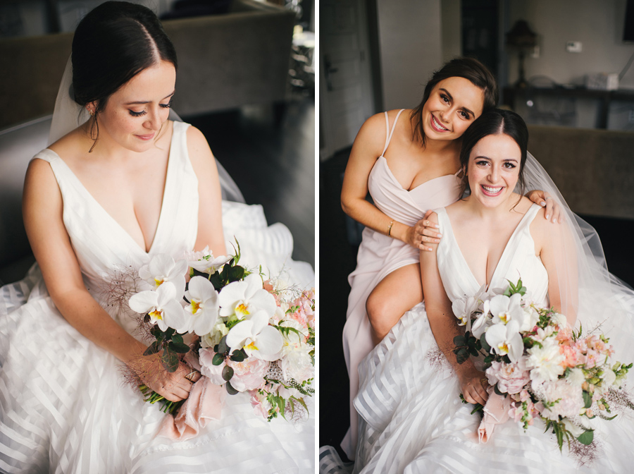 portrait of the bride gazing at her flowers next to a portrait of the bride smiling at the camera with her sister