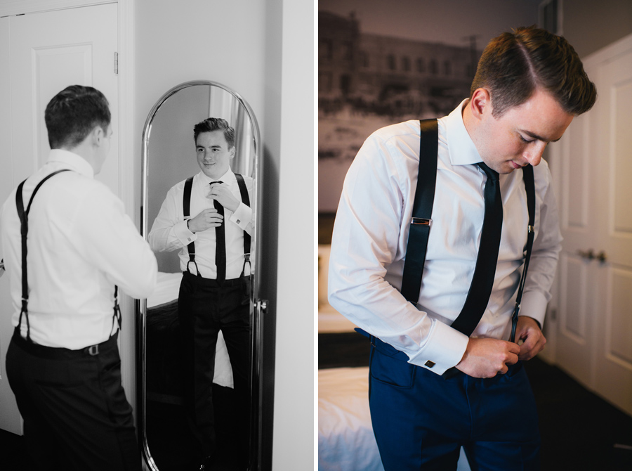 side by side portraits of the groom getting dressed