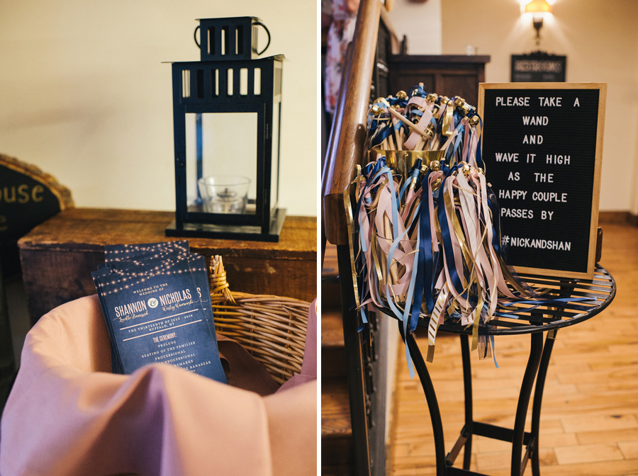 detail shots of the ceremony programs and ribbon wands in blush and navy colors