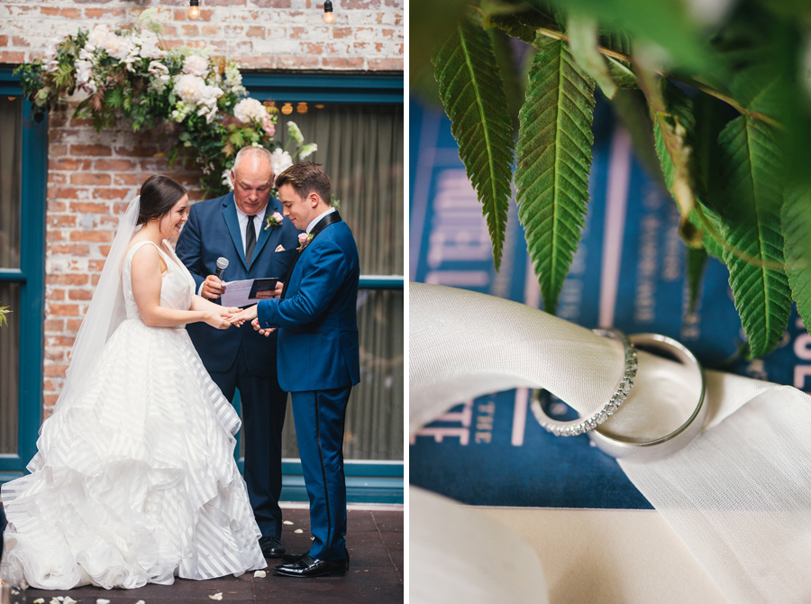 bride placing ring on groom's finger next to a detail shot of the wedding bands