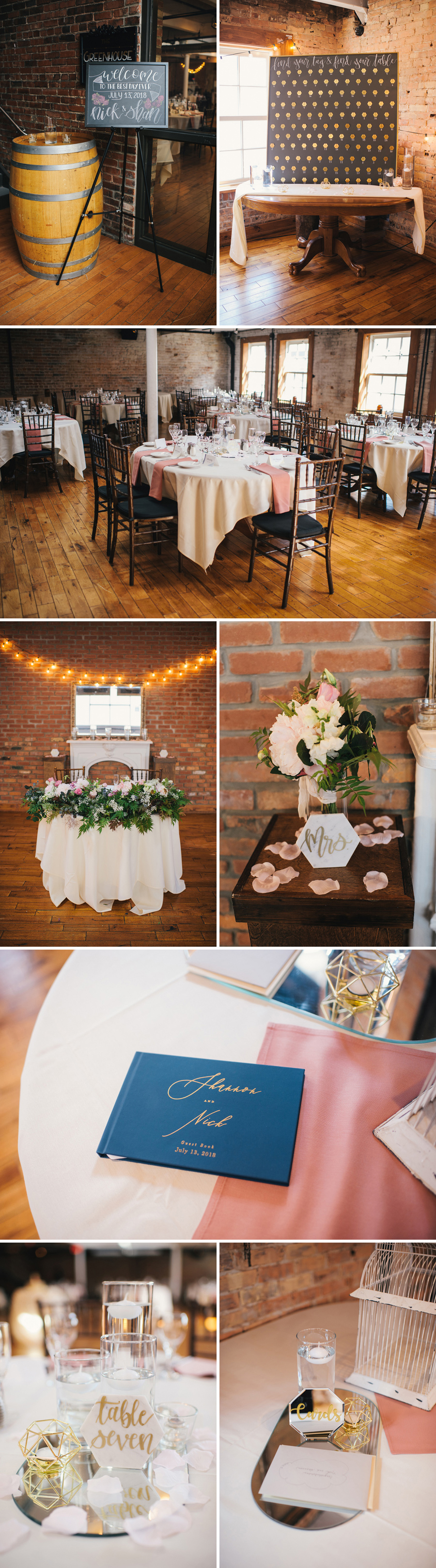 collage of detail shots from the wedding reception at the Hotel at the Lafayette in Buffalo NY