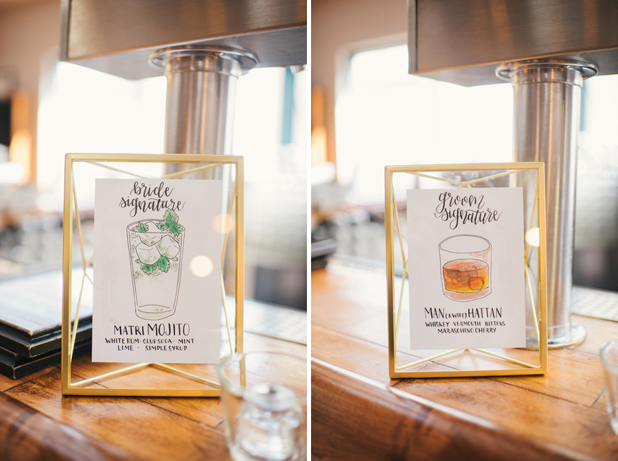 side by side shots of the signature drink signs at the bar during the wedding reception