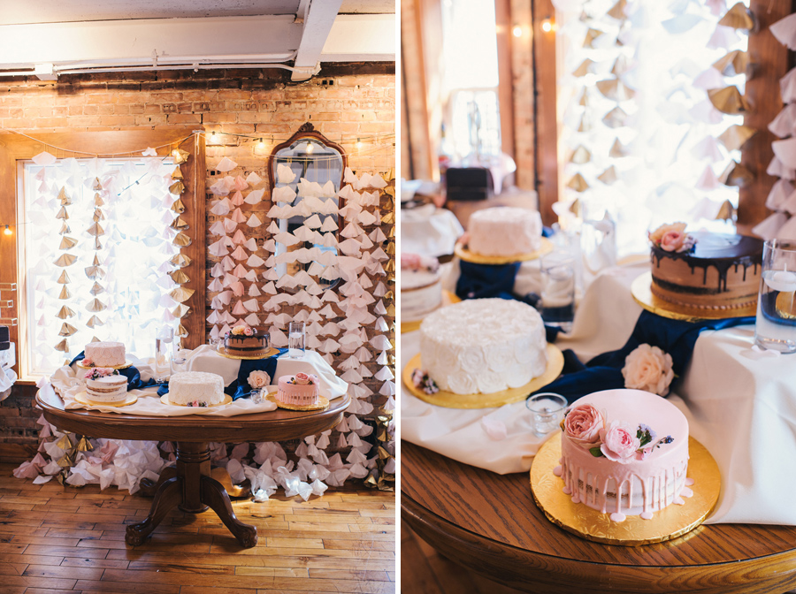 detail shot of multi-cake display at the wedding reception