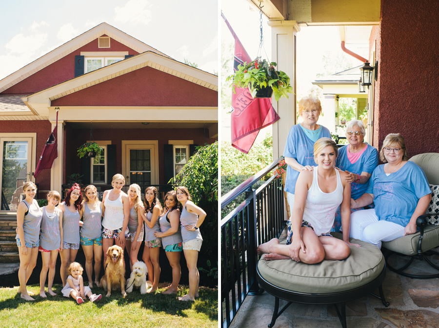 bride and bridal party in front of family home