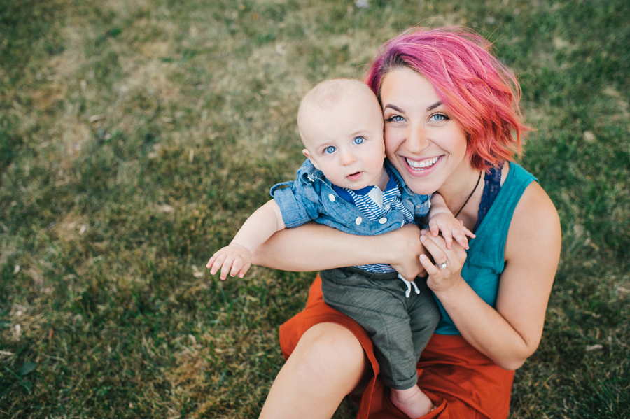 mom and son looking at camera together