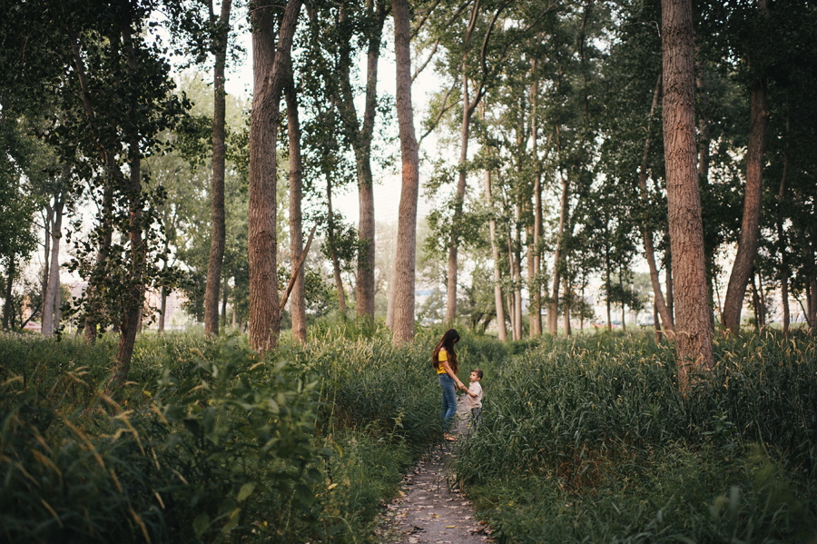 far shot of mom and son holding hands on a path in the woods